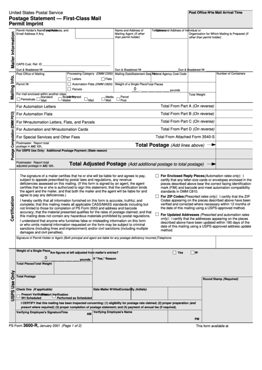 Form 3600-R - Postage Statement - First-Class Mail Permit Imprint Printable pdf