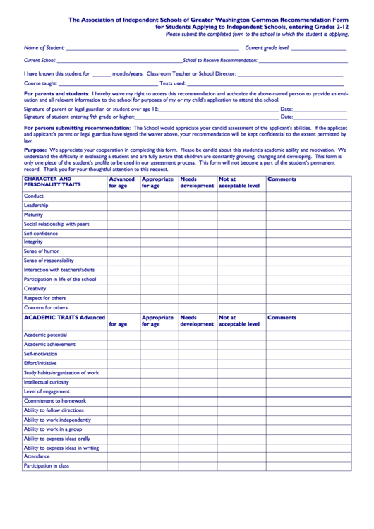 General Recommendation Form For Grades 2-12 Students Printable pdf
