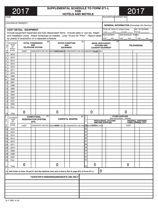 Fillable Supplemental Schedule To Form 571-L For Hotels And Motels - 2017 Printable pdf
