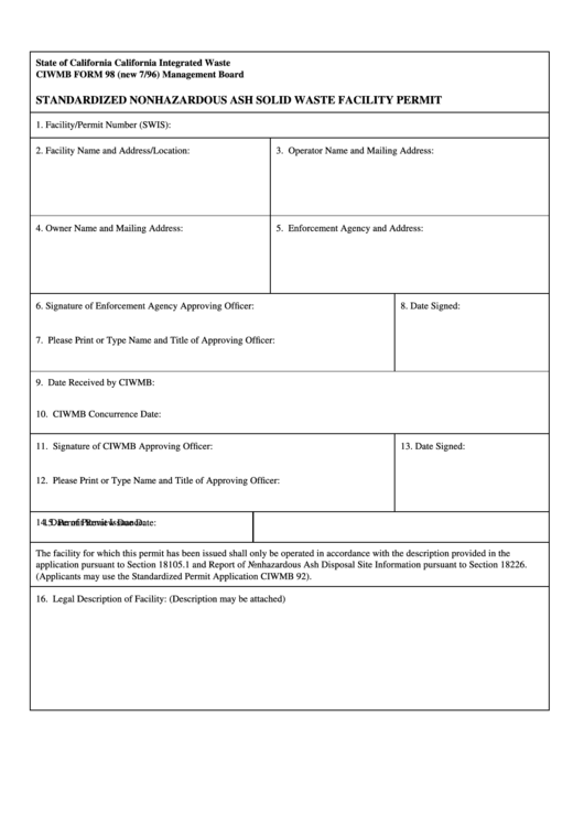 Fillable Form 98 - Standardized Nonhazardous Ash Solid Waste Facility Permit Printable pdf