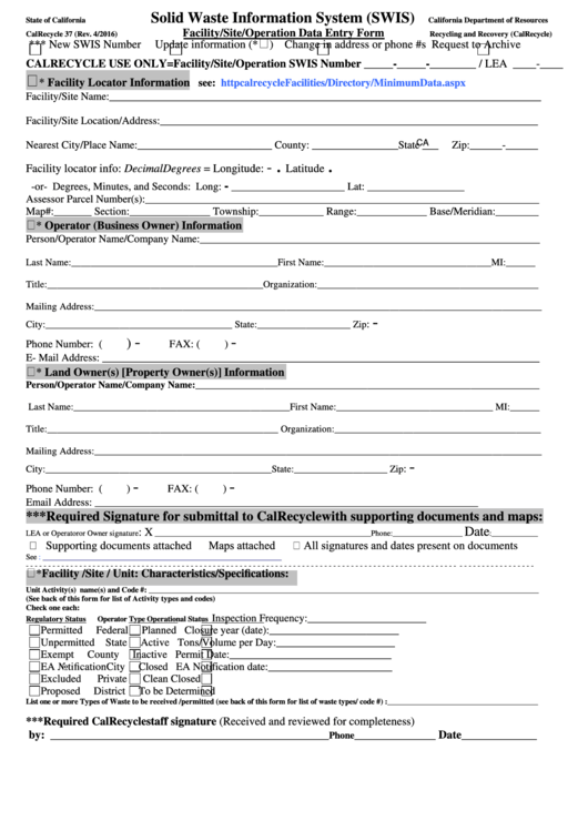 Fillable Facility/site/operation Data Entry Form Printable pdf