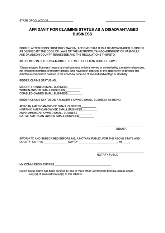 Affidavit For Claiming Status As A Disadvantaged Business Form Printable pdf