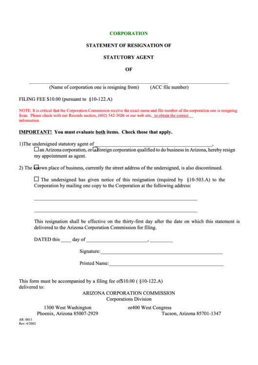 Form Ar: 0011 - Corporation Statement Of Resignation Of Statutory Agent - 2002 Printable pdf