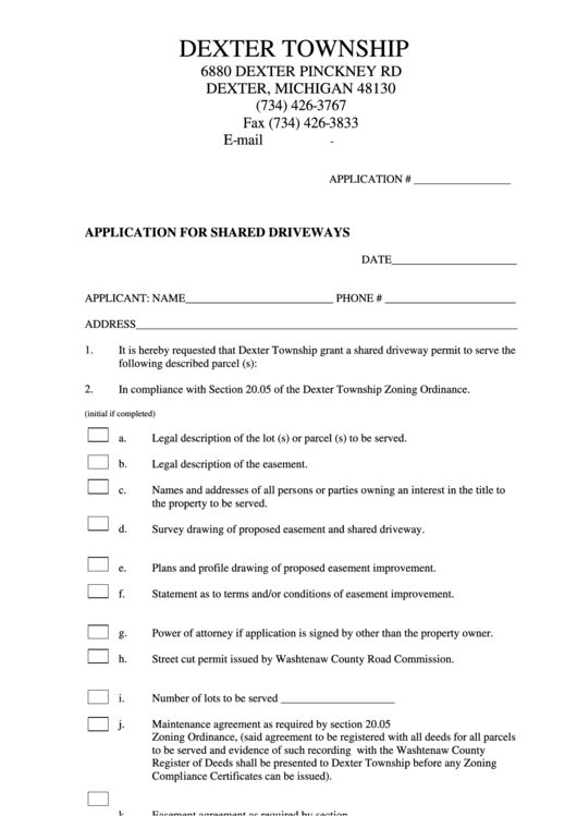 Application For Shared Driveways Form - Dexter Township, Michigan Printable pdf