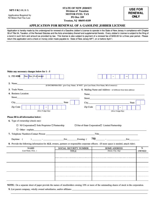 Fillable Form Mft-5r - Application For Renewal Of A Gasoline Jobber License - 2000 Printable pdf