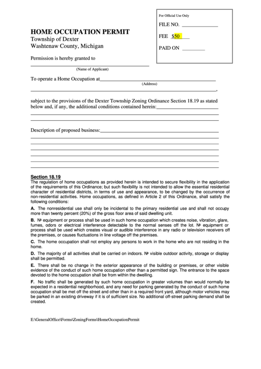 Home Occupation Permit Form - Washtenaw County, Michigan Printable pdf