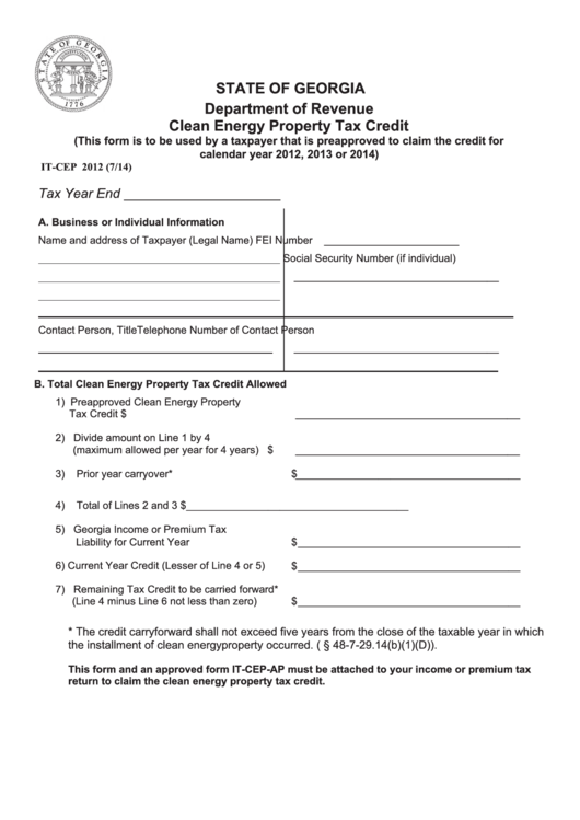 Fillable Form It-Cep 2012 - Clean Energy Property Tax Credit Printable pdf