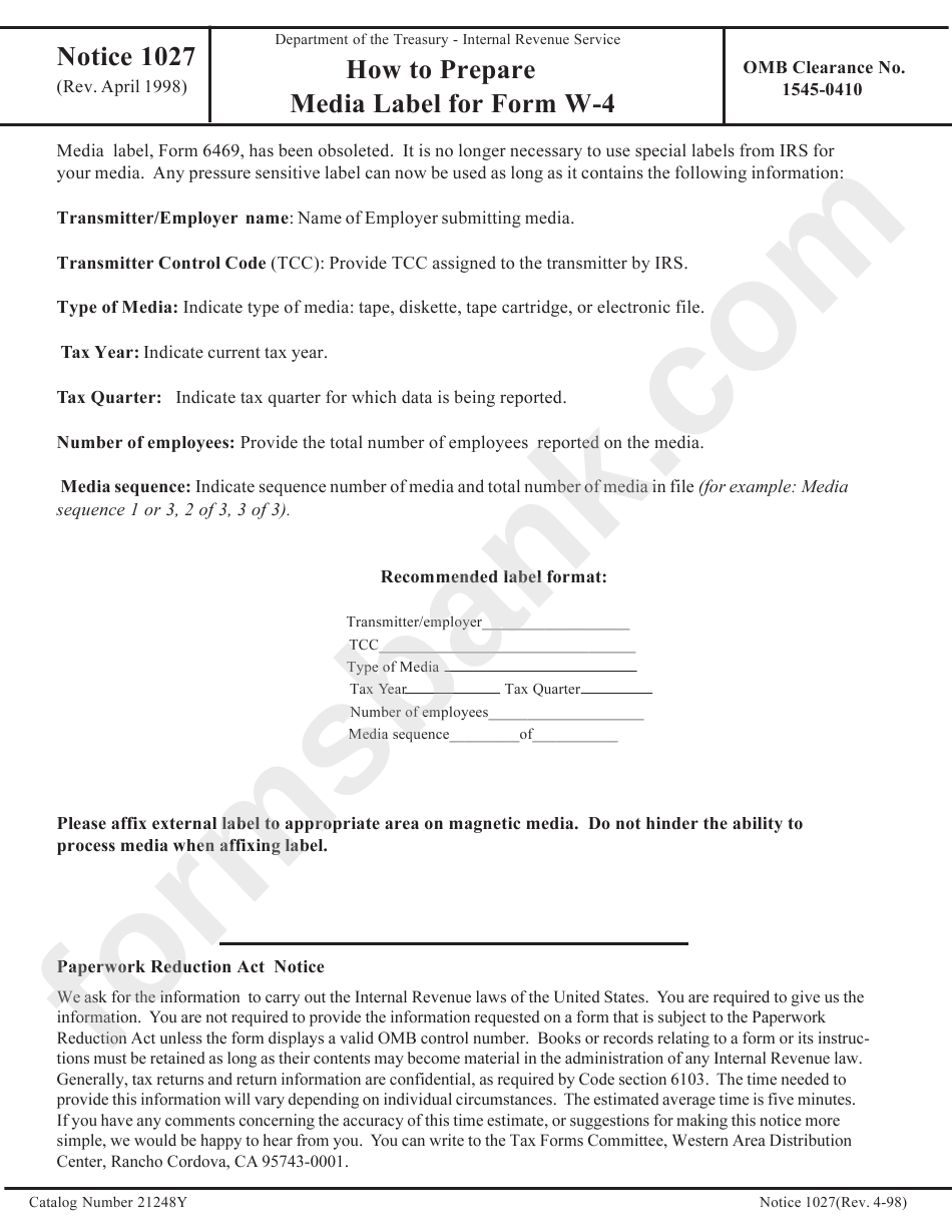 Notice 1027 - How To Prepare Media Label For Form W-4