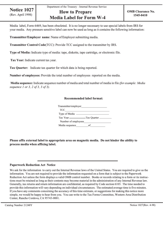 Notice 1027 - How To Prepare Media Label For Form W-4 Printable pdf