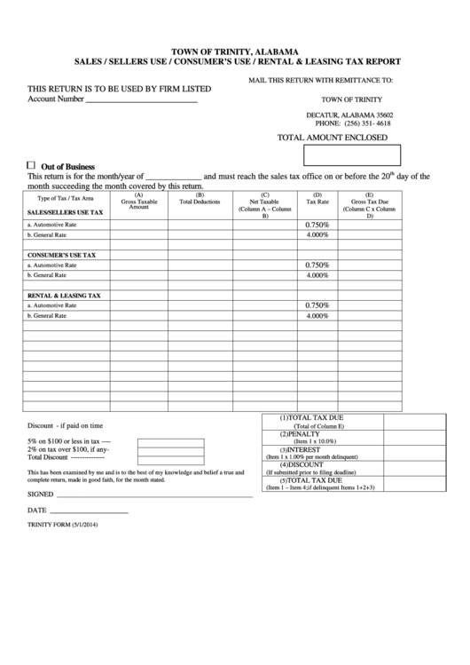 Trinity Form - Sales / Sellers Use / Consumer's Use / Rental & Leasing Tax Report - Town Of Trinity, Alabama - 2014