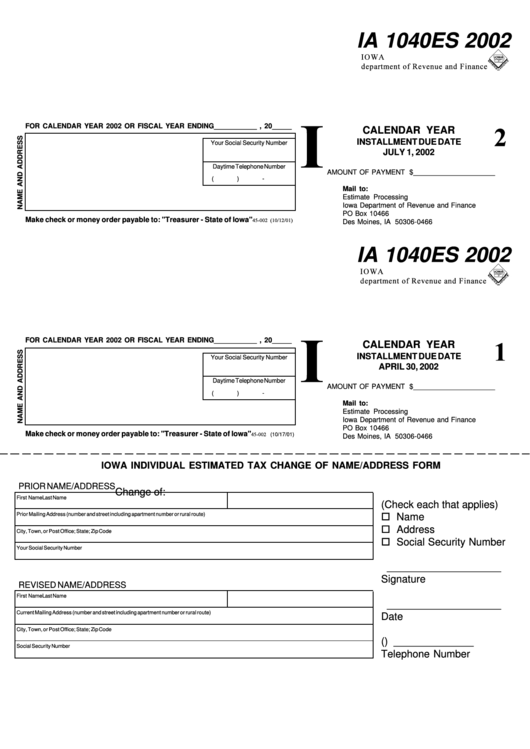 Form Ia 1040es - Iowa Individual Estimated Tax Change Of Name/address (2002) Printable pdf
