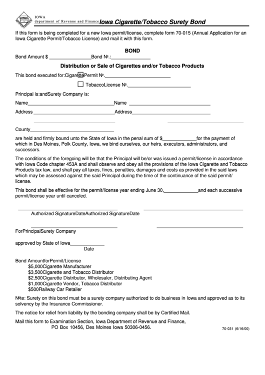 Form 70-031 - Iowa Cigarette/tobacco Surety Bond, Form 70-015a - Annual Application For Iowa Cigarette Permit/tobacco Tax License - 2000 Printable pdf