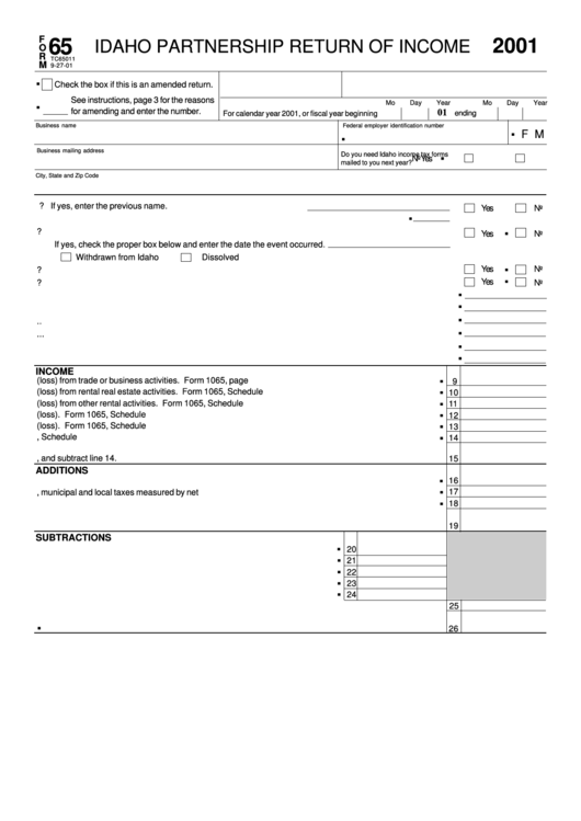 Form 65 - Idaho Partnership Return Of Income - 2001 Printable pdf