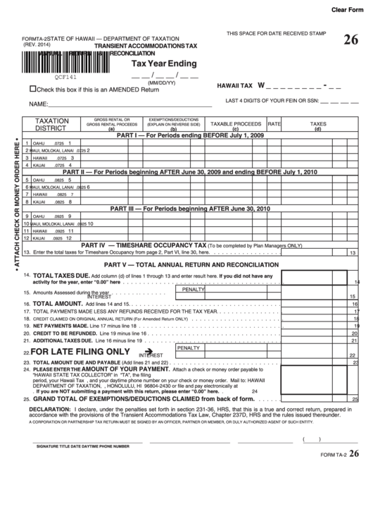 Fillable Form Ta-2 - Transient Accommodations Tax Annual Return & Reconciliation (2014) Printable pdf