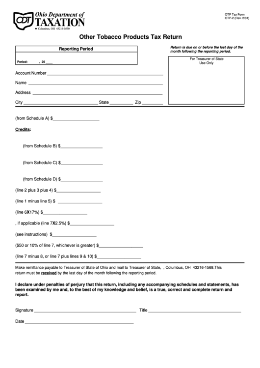 Form Otp-2 - Other Tobacco Products Tax Return - Ohio Department Of Taxation Printable pdf