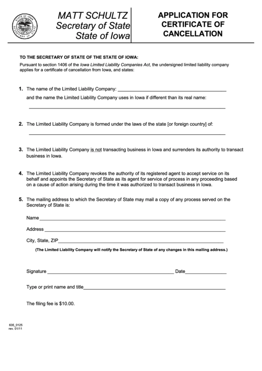 Fillable Application For Certificate Of Cancellation Form - 2011 Printable pdf