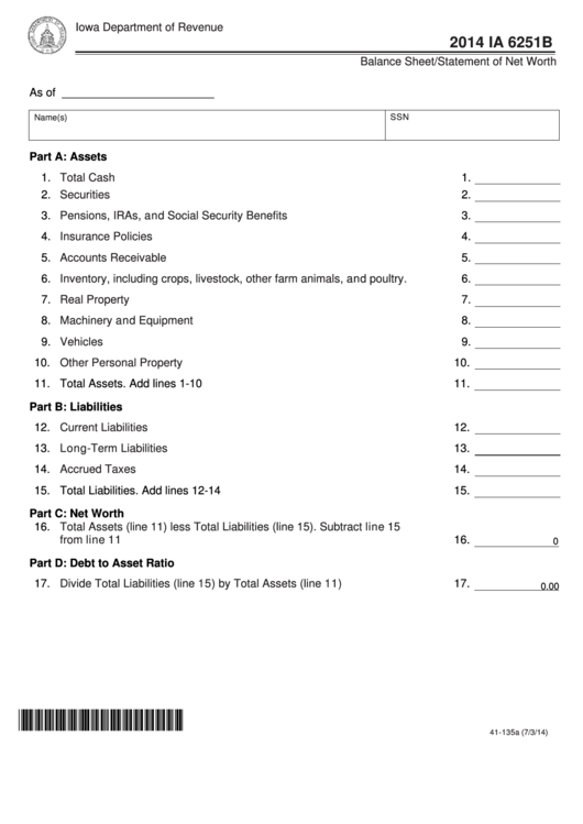 Fillable Form Ia 6251b - Balance Sheet/statement Of Net Worth - 2014 Printable pdf