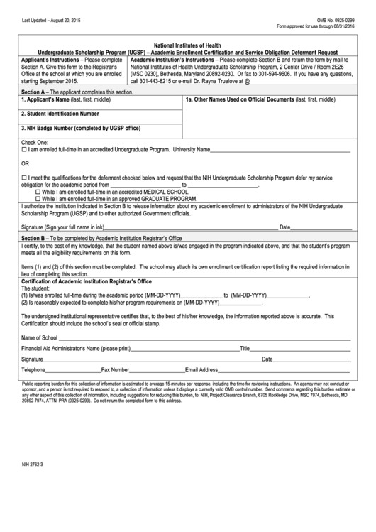 Fillable Form Nih 2762-3 - Undergraduate Scholarship Program (Ugsp) - Academic Enrollment Certification And Service Obligation Deferment Request - U.s. Department Of Health And Human Services Printable pdf