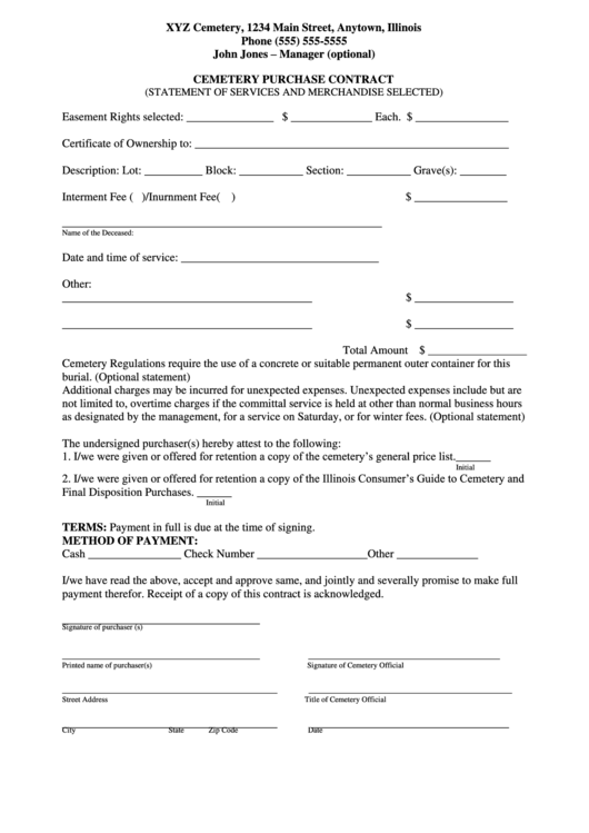 Illinois Cemetery Purchase Contract Template Printable pdf