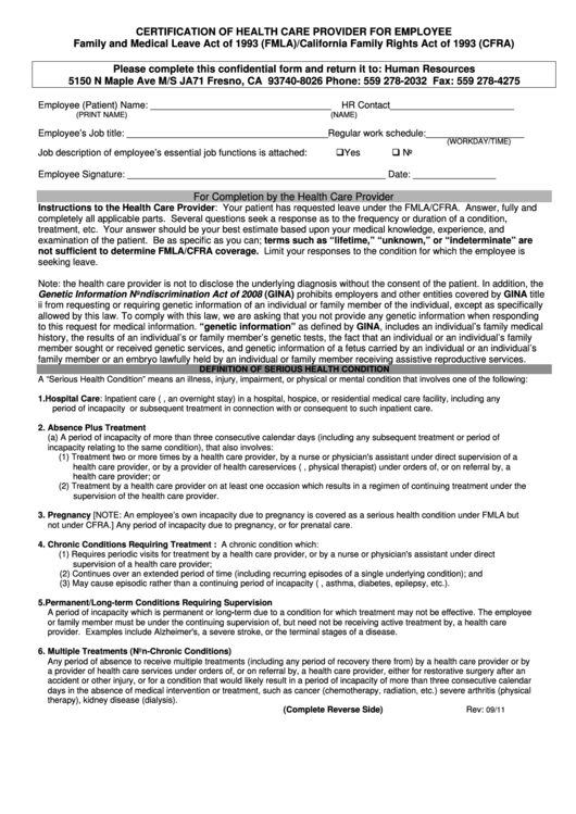 Certification Of Health Care Provider For Employee - Family And Medical Leave Act Of 1993 (Fmla)/california Family Rights Act Of 1993 (Cfra) Printable pdf