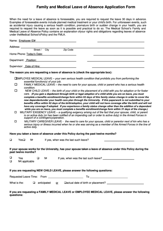 Fillable Family And Medical Leave Of Absence Application Form - Washington University In St. Louis Printable pdf
