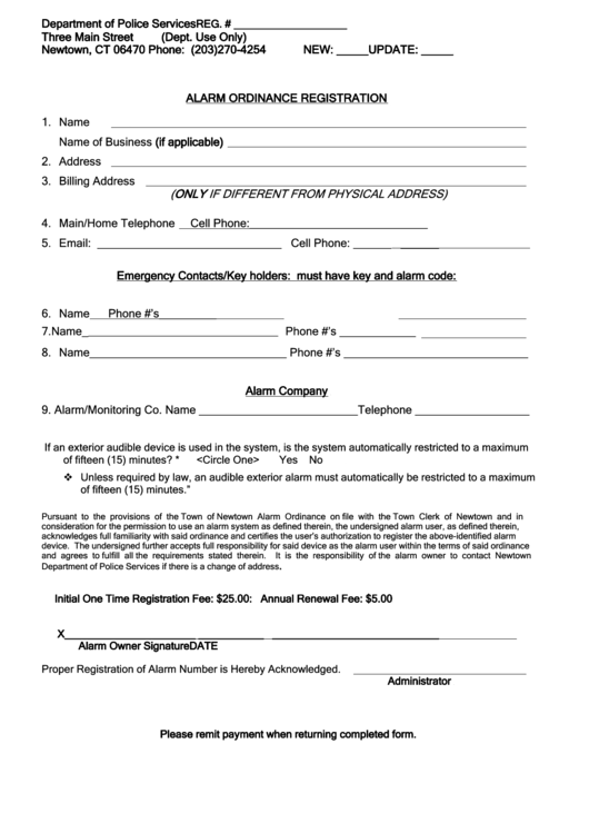 Fillable Alarm Ordinance Registration Form - Department Of Police Services Printable pdf