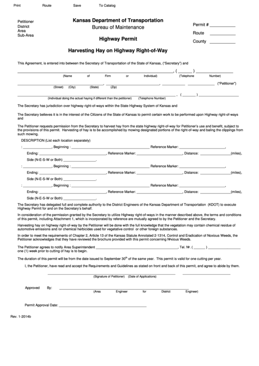 Fillable D.o.t. Form No. 317 - Harvesting Hay On The Highway Right Of Way - Kansas Department Of Transportation Printable pdf