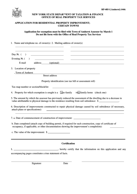 Form Rp-485-L - Application For Residential Property Improvement; Certain Towns 2008 Printable pdf