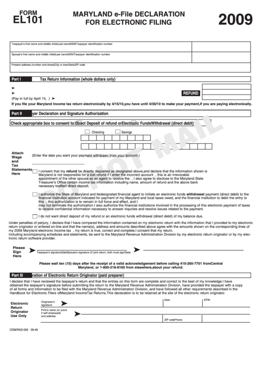 Fillable Form El101 - Maryland E-File Declaration For Electronic Filing - 2009 Printable pdf