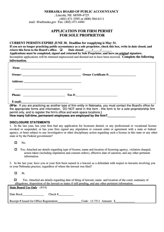 Application For Firm Permit For Sole Proprietor Form - Nebraska Board Of Public Accountancy Printable pdf