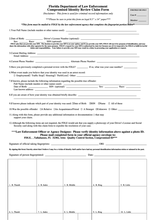 Compromised Identity Review Claim Form - Florida Department Of Law Enforcement Printable pdf