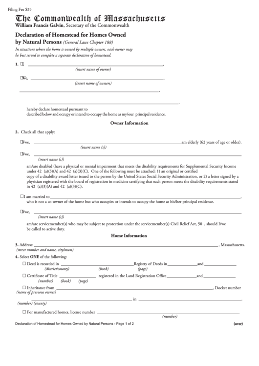 Declaration Of Homestead For Homes Owned By Natural Persons Form - The Commonwealth Of Massachusetts Printable pdf
