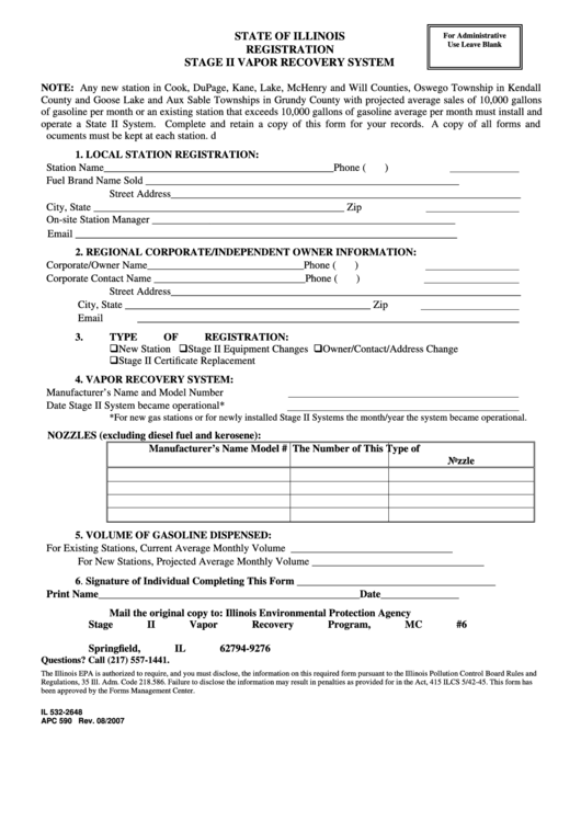 Form Il 532-2648 - Registration Form - Stage Ii Vapor Recovery System - State Of Illinois Printable pdf