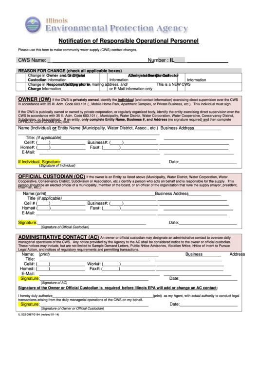 Form Il 532-0987/0164 - Notification Of Ownership And Responsible Operational Personnel - Illinois Environmental Protection Agency