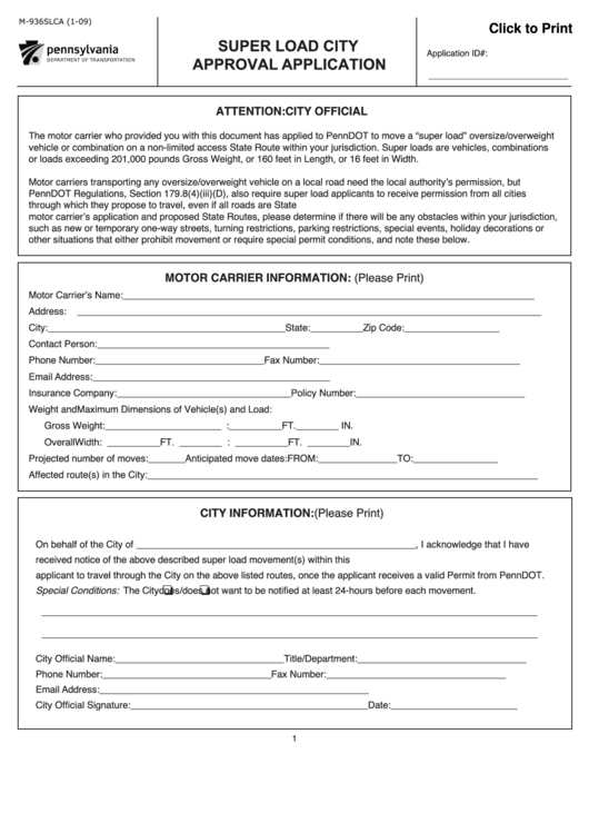 Fillable Form M-936slca - Super Load City Approval Application Printable pdf