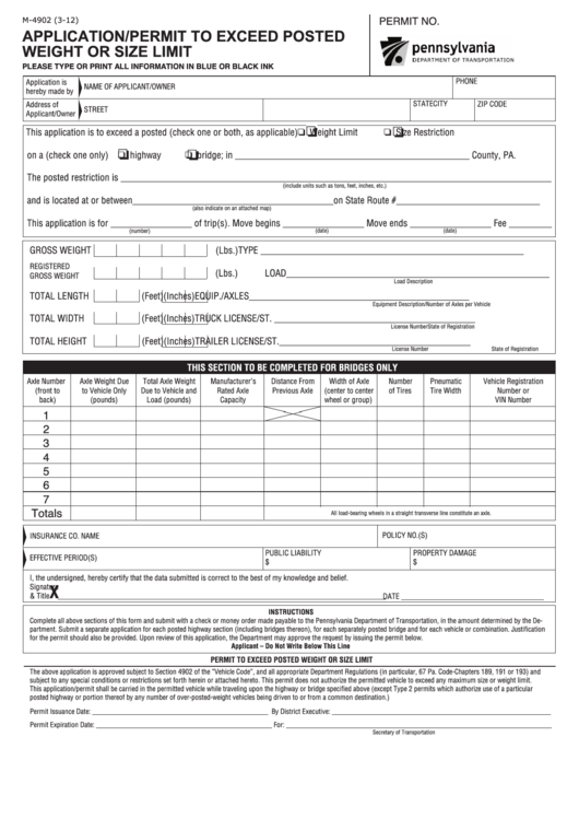 Fillable Form M-4902 - Application/permit To Exceed Posted Weight Or Size Limit Printable pdf