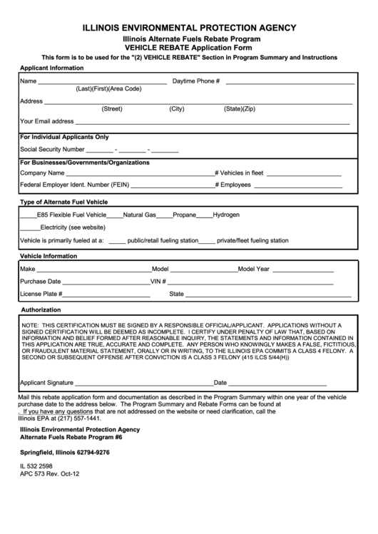 Form Il 532 2598 - Vehicle Rebate Application Form - Illinois Environmental Protection Agency
