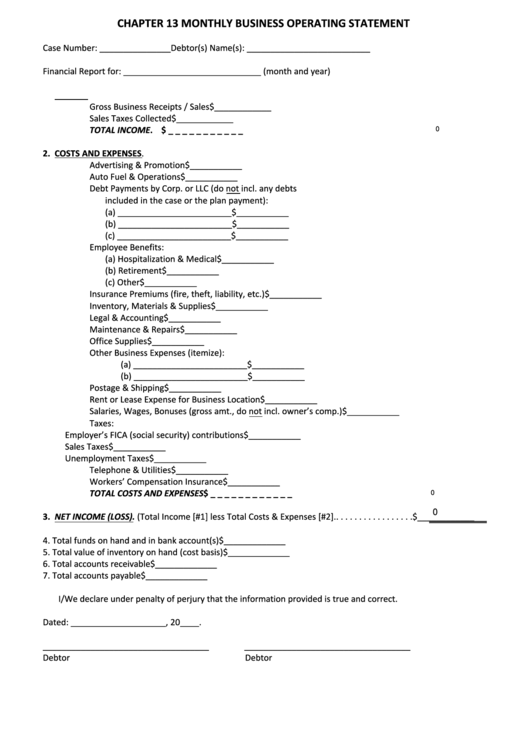 Fillable Chapter 13 Monthly Business Operating Statement Form Printable pdf