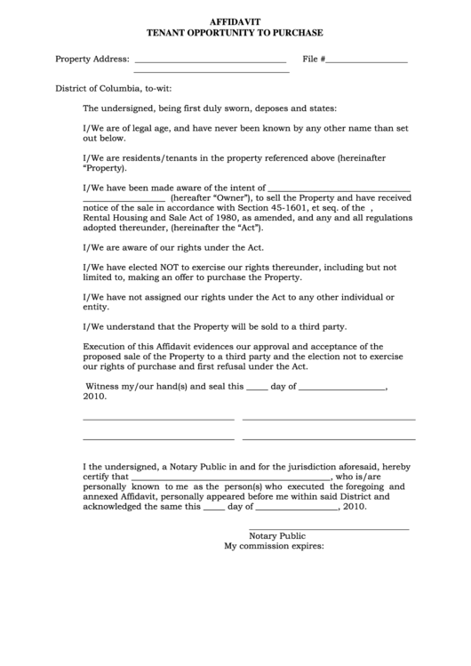 Affidavit Tenant Opportunity To Purchase Form Printable pdf
