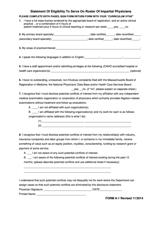 Fillable Form A-1 - Statement Of Eligibility To Serve On Roster Of Impartial Physicians Printable pdf