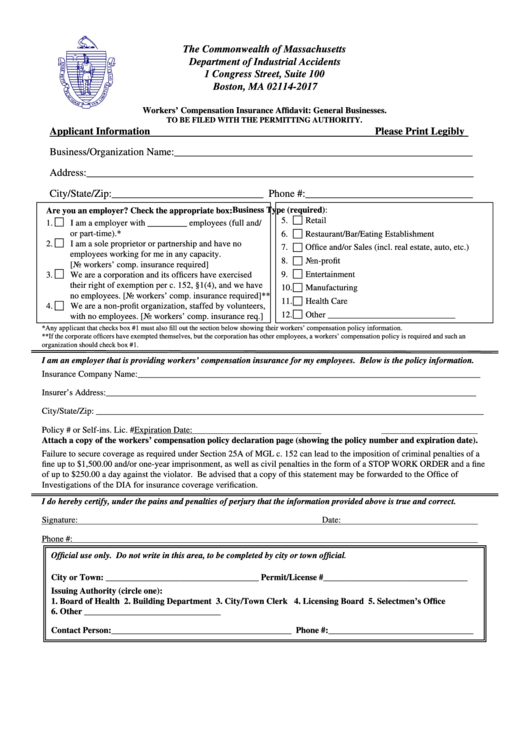 Fillable Affidavit For General Businesses Form - Department Of Industrial Accidents Printable pdf