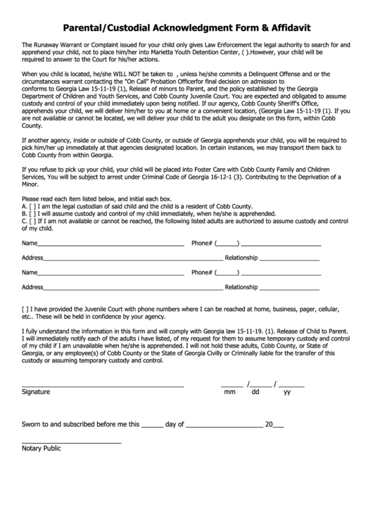 Parental/custodial Acknowledgment Form & Affidavit Printable pdf