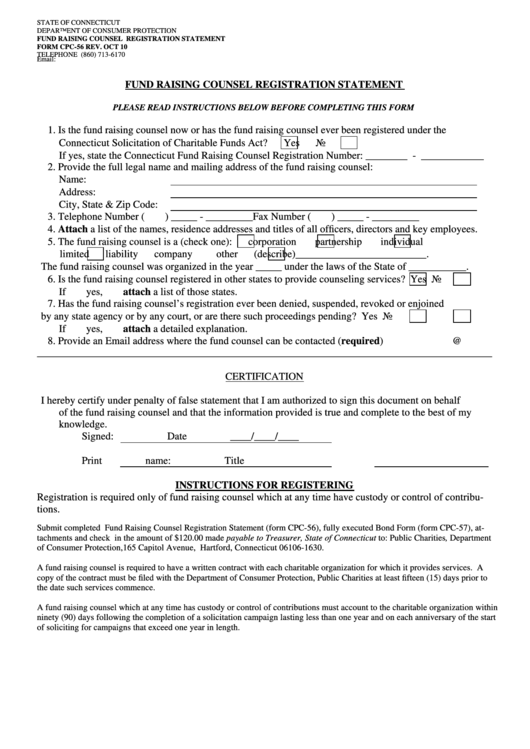 Fund Raising Counsel Registration Statement Form - State Of Connecticut Department Of Consumer Protection Printable pdf