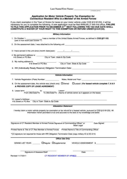 Application For Motor Vehicle Property Tax Exemption For Connecticut Resident Who Is A Member Of The Armed Forces Form Printable pdf