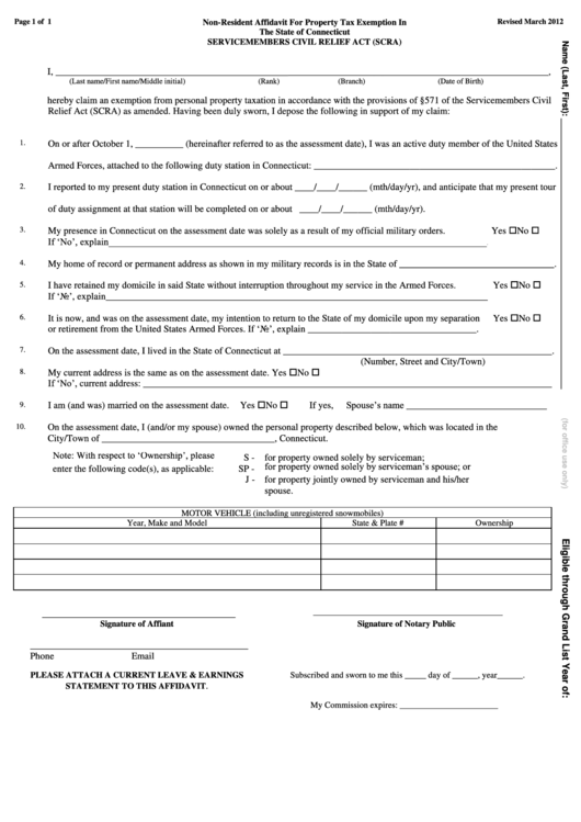 Non-Resident Affidavit For Property Tax Exemption Form - The State Of Connecticut Printable pdf