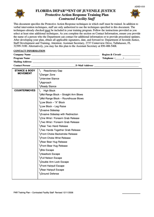 Form Adsd-010 - Protective Action Response Training Plan Contracted Facility Staff 2006 Printable pdf