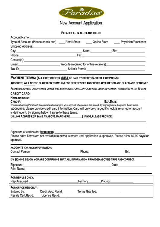 New Account Application Form Printable pdf
