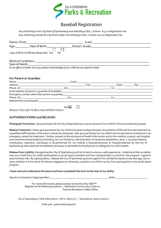 Baseball Registration Form - City Of Spartanburg, South Carolina