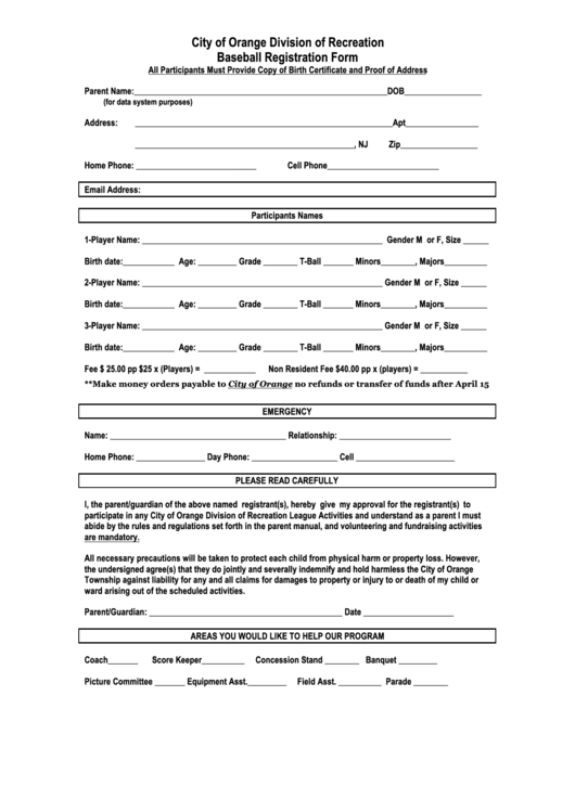 Baseball Registration Form - City Of Orange, California Printable pdf