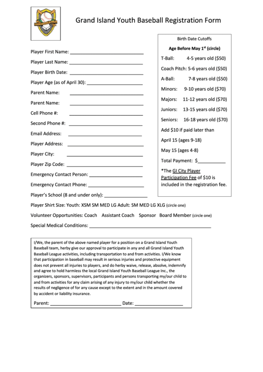 Baseball Registration Form - Grand Island, Nebraska Printable pdf